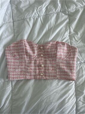 Cider Pink Cream Tweed Strapless Pearl-Button Crop Top